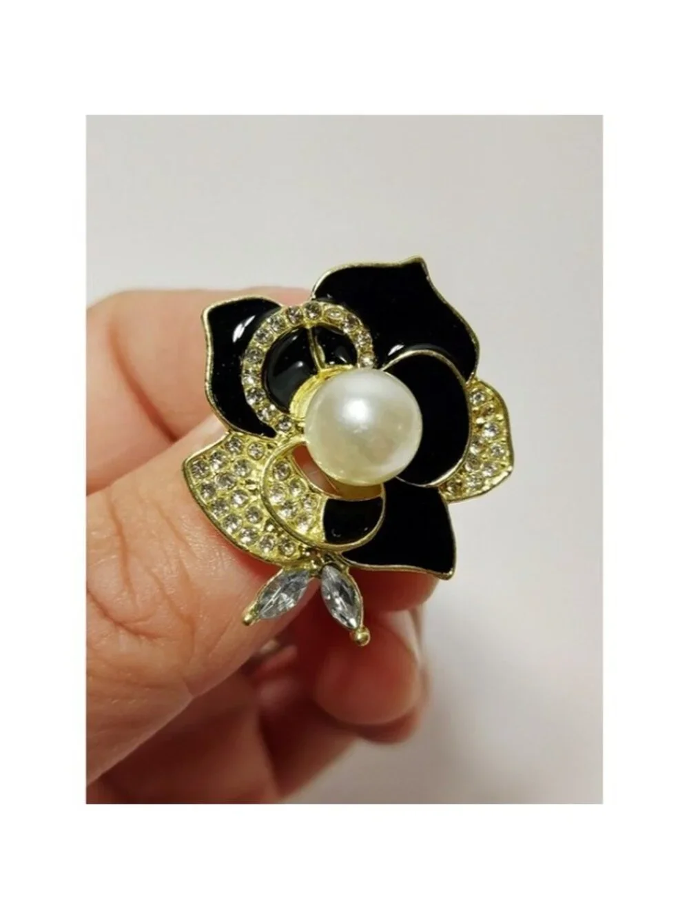 Gold-Tone Black Enamel Flower Brooch with Pearl Center